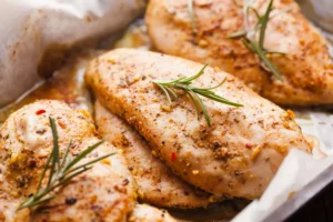 Golden Costco Chicken Bake on a wooden cutting board