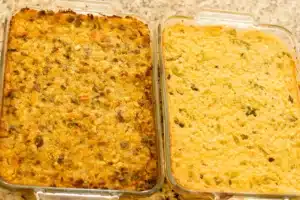 Freshly baked Cornbread Casserole with sides