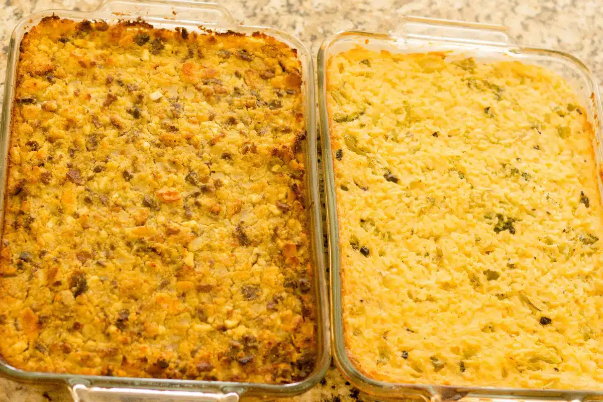 Freshly baked Cornbread Casserole with sides