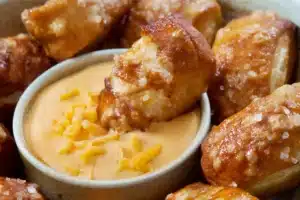 A bowl of three-cheese dip with pretzels on a wooden table