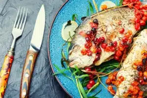 Grilled sea bream with vegetables.