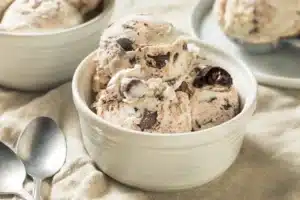 Bowl of cottage cheese cookie dough with chocolate chips.