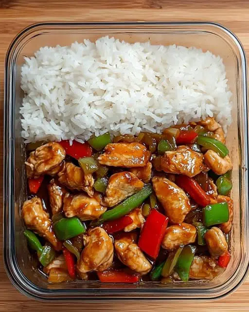 Sizzling Garlic Chicken Stir-Fry with Peppers & Steamed Rice