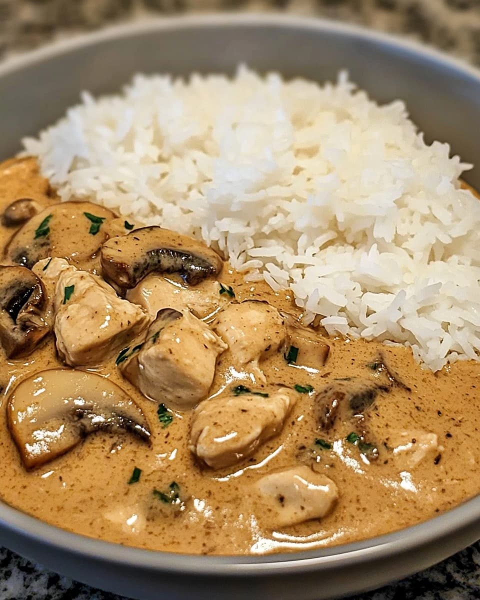 Creamy mushroom chicken and rice bowl in a white dish with sauce and mushrooms