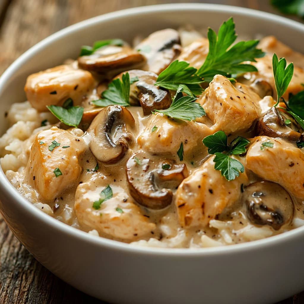 Ingredients for creamy mushroom chicken with mushrooms, chicken, and herbs