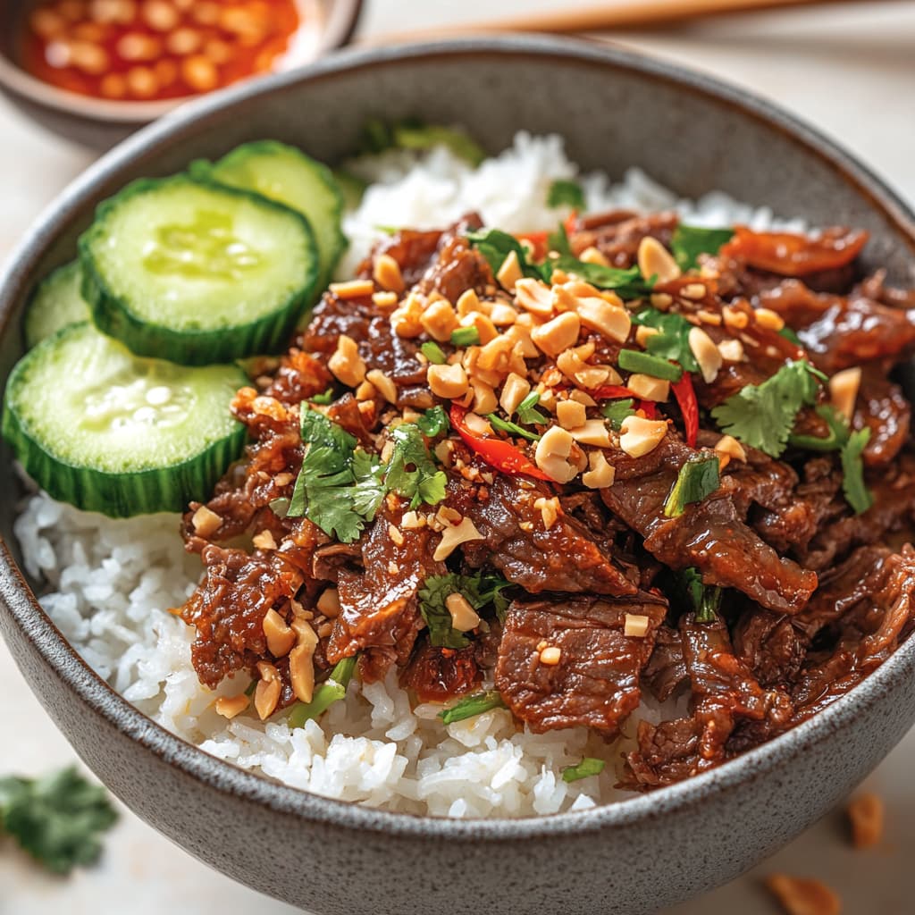 Shredded beef rice bowl with vegetables and herbs