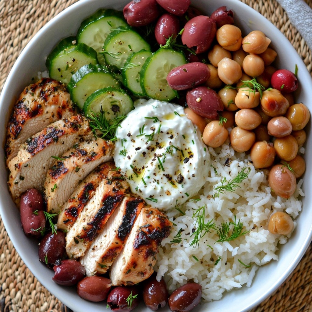 Greek Chicken Bowl with Tzatziki, Chickpeas, and Feta