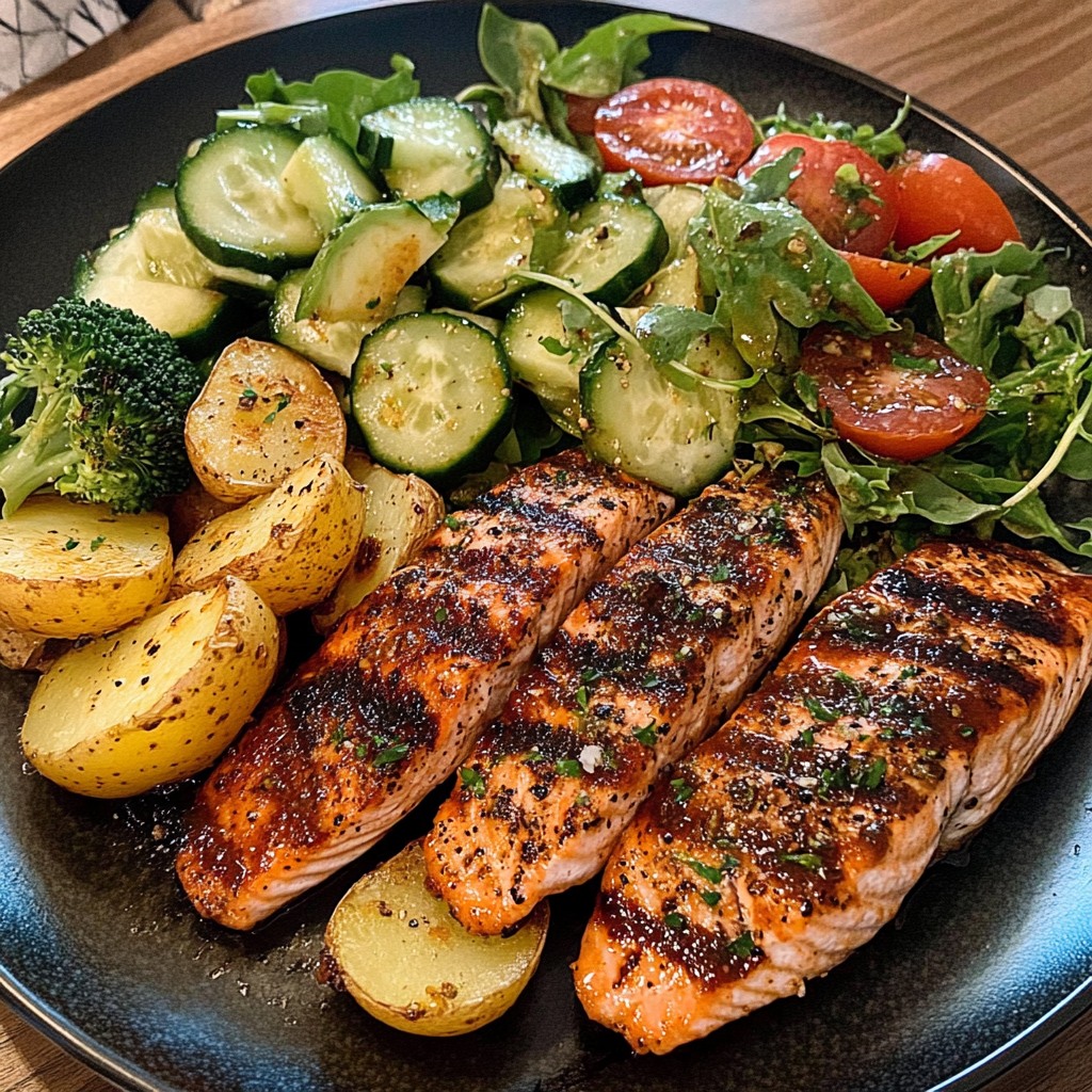 Grilled BBQ Salmon Plate with Roasted Potatoes & Fresh Veggies
