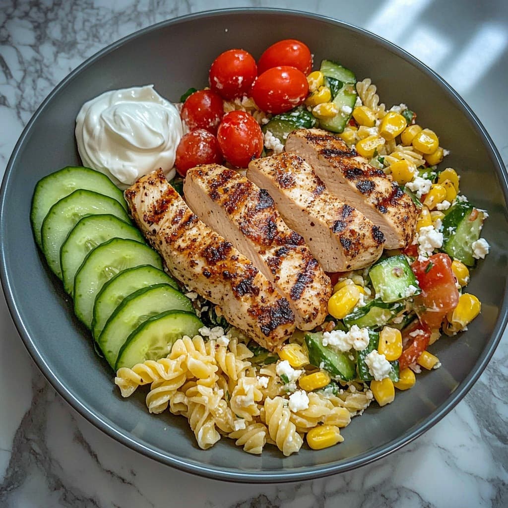 Grilled Chicken with Fresh Pasta Salad & Yogurt Dip