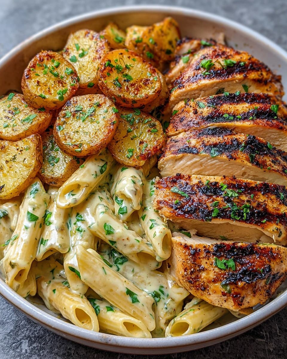 Loaded Herb Grilled Chicken with Creamy Pesto Pasta & Roasted Potatoes