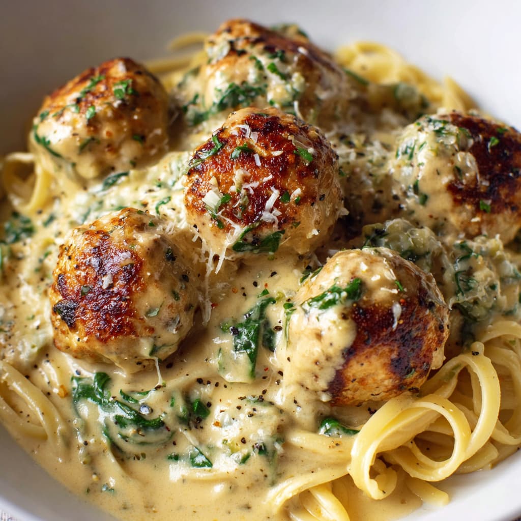 Chicken Ricotta Meatballs with Spinach Alfredo Sauce