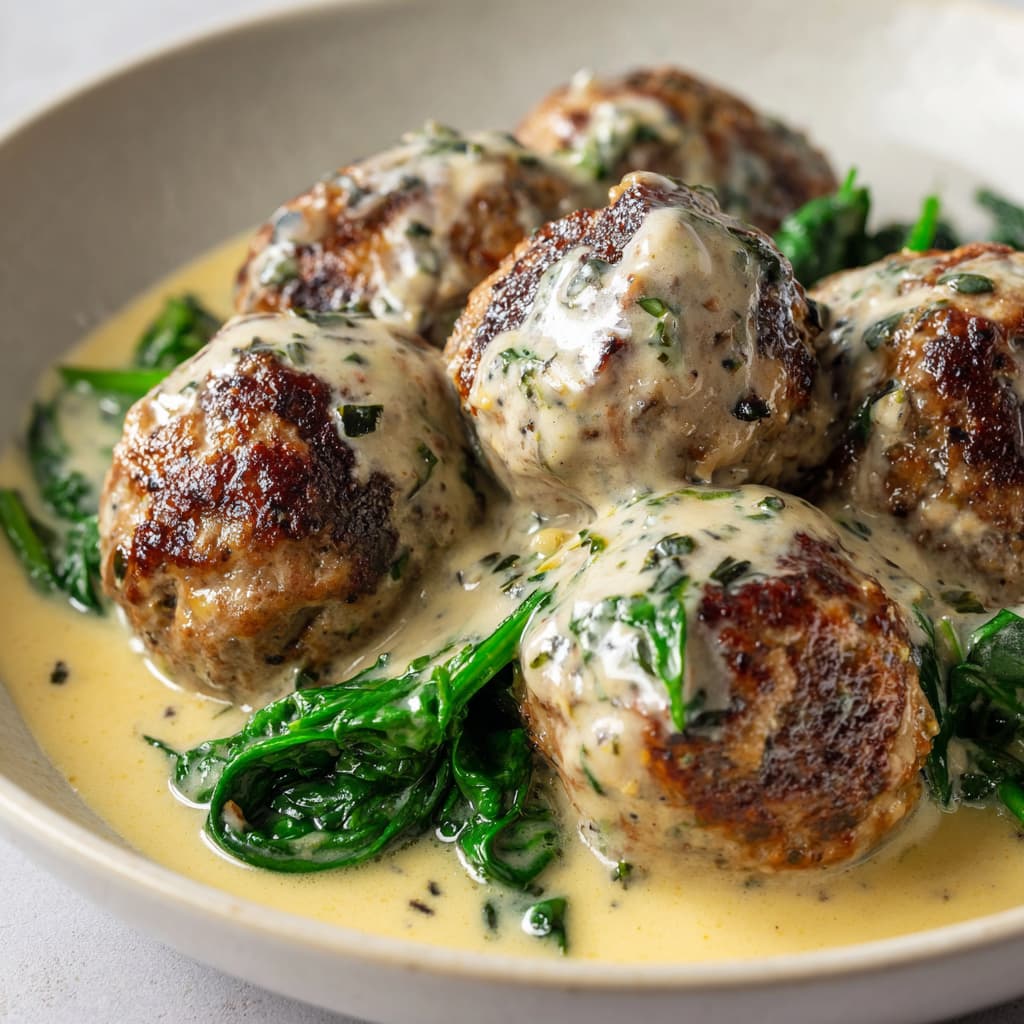 Chicken Ricotta Meatballs in Creamy Spinach Alfredo