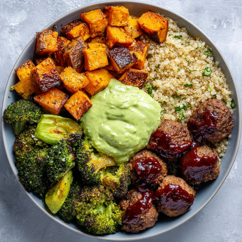 Barbecue Meatball Bowls with Avocado Goddess Sauce