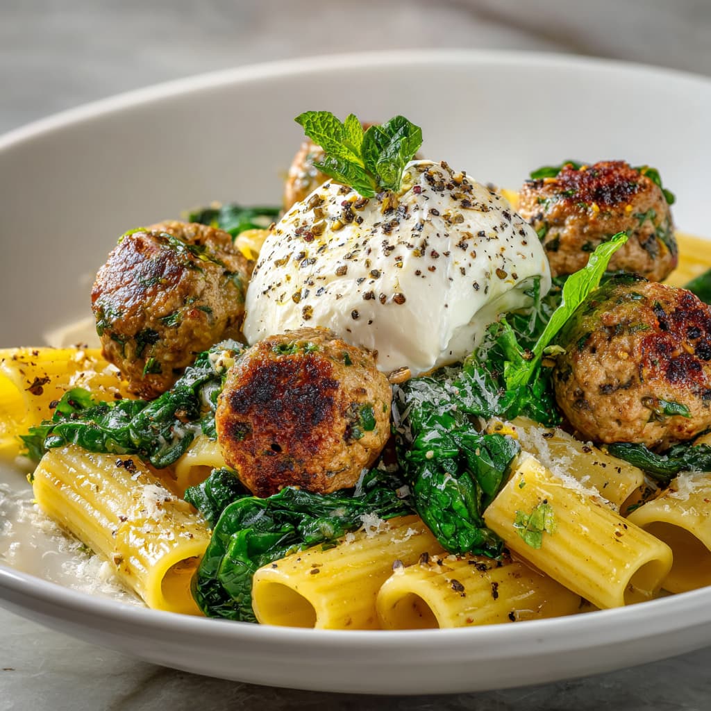 Zesty Turkey & Ricotta Meatballs with Garlic Spinach Rigatoni