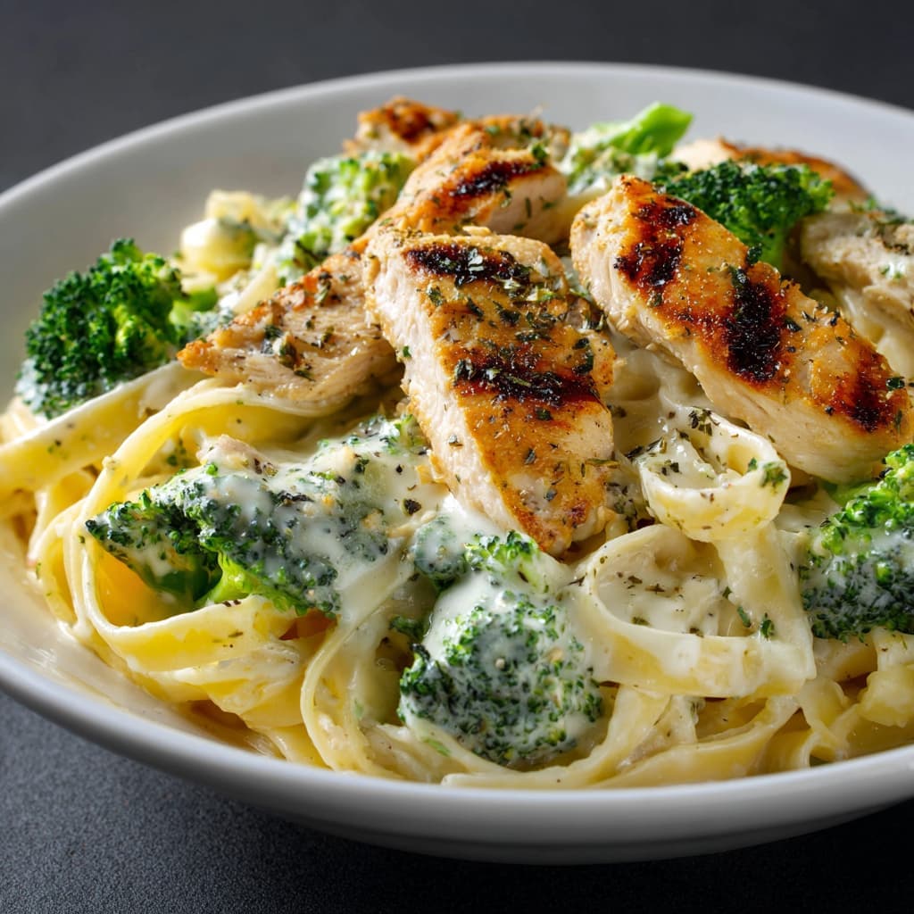 Creamy Garlic Chicken Alfredo with Broccoli & Fettuccine