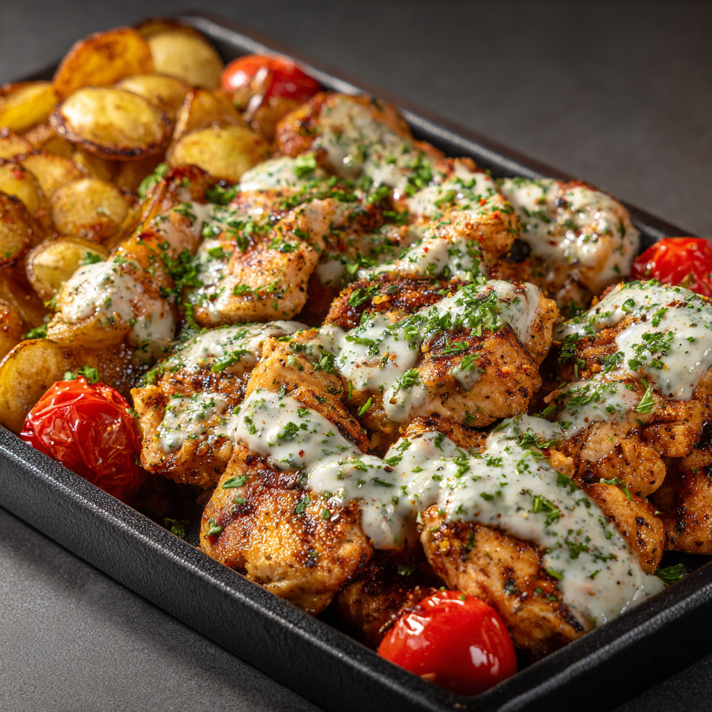 Cheesy Garlic Chicken with Roasted Potatoes and Cherry Tomatoes