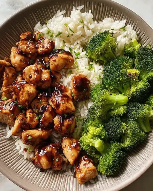 Sticky Garlic Chicken Bowl with Fluffy Rice & Steamed Broccoli