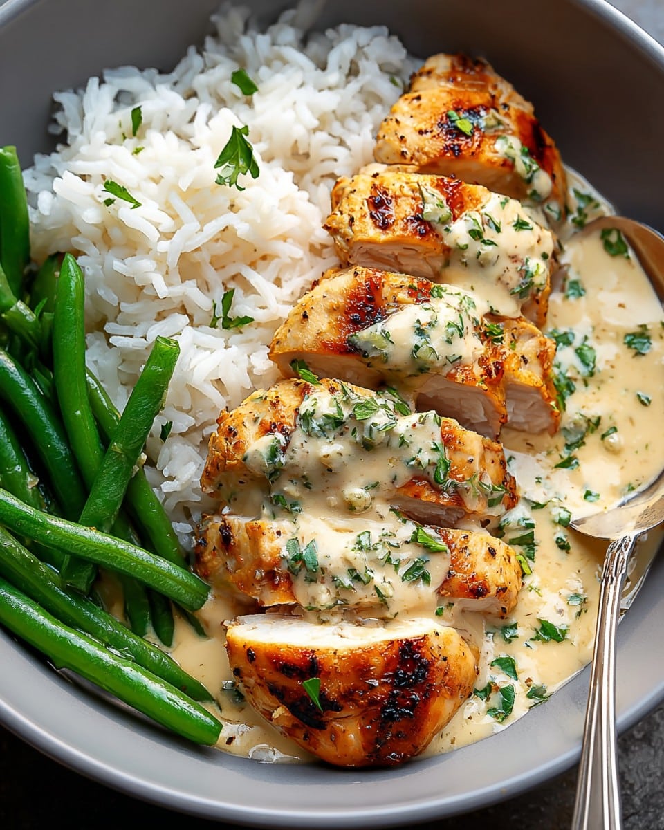 Creamy Herb Chicken with Green Beans and  Steamed Rice