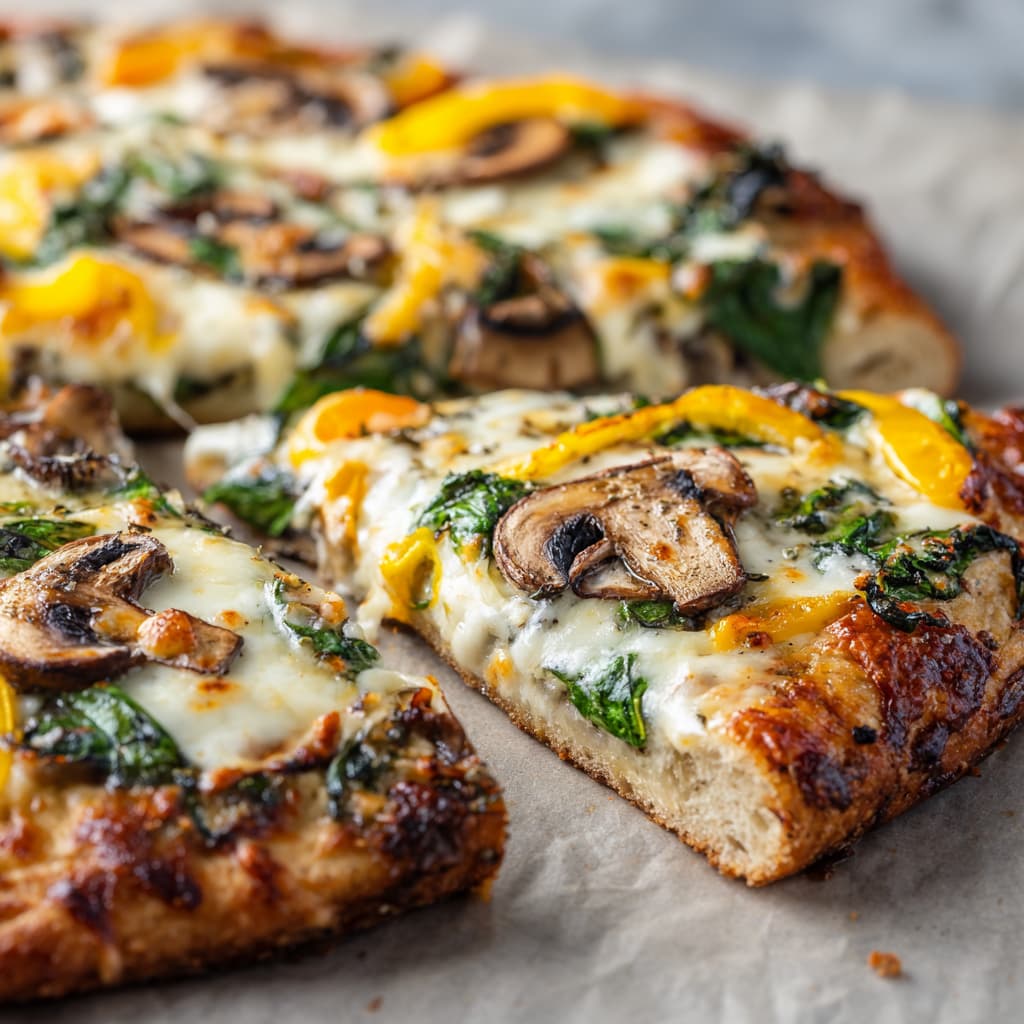 Creamy Pizza with White Sauce, Mushrooms, Spinach, and Olives