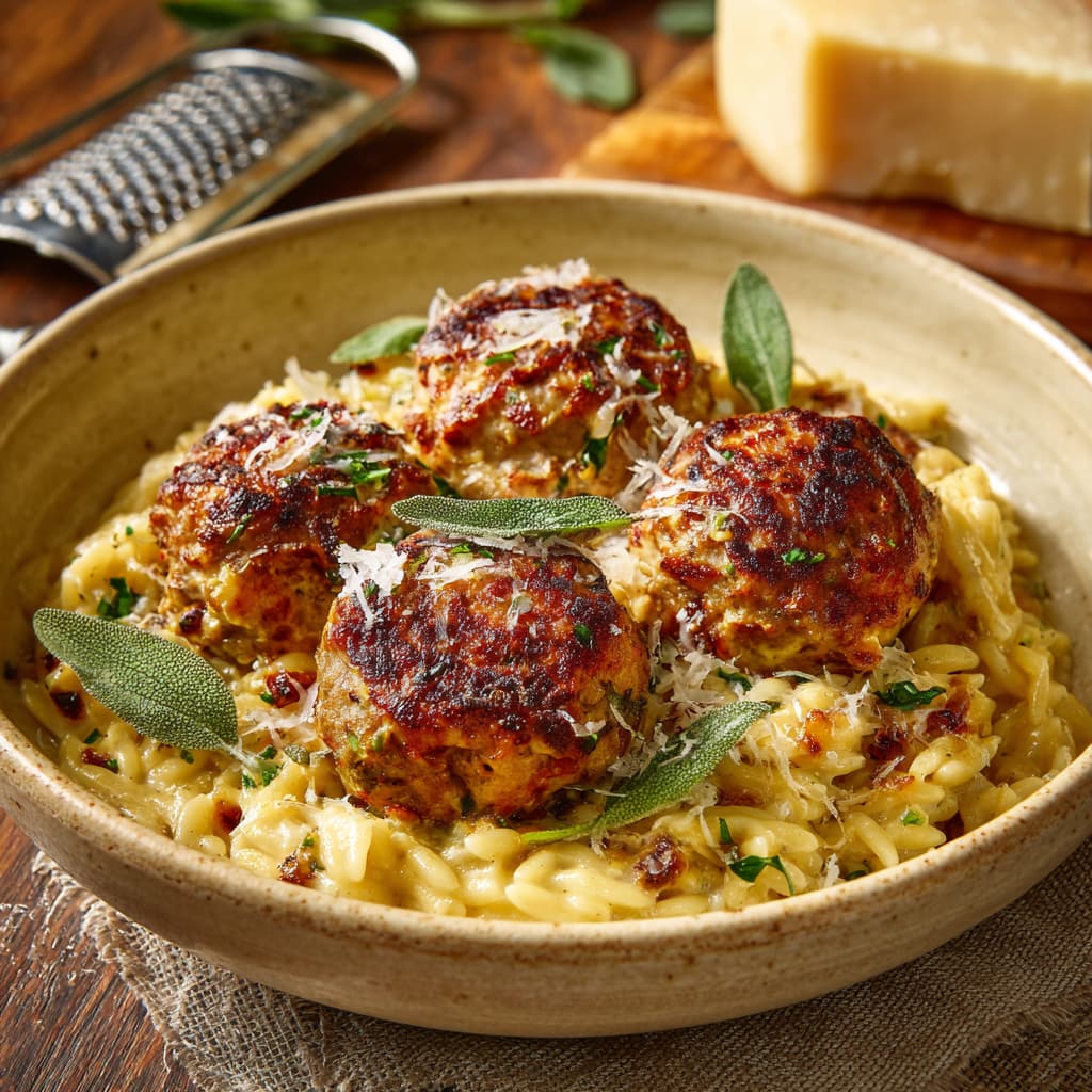 Baked Sage Chicken Meatballs with Parmesan Orzo