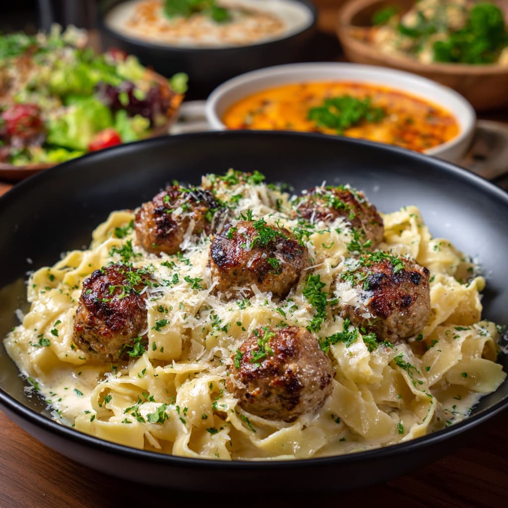 Garlic Butter Meatballs with Creamy Parmesan Pasta