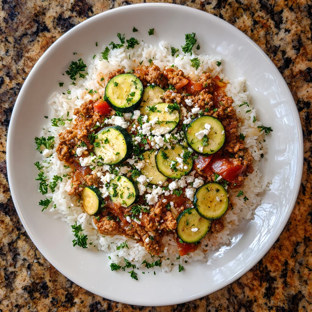 Greek-Style Beef and Zucchini Rice Bowl