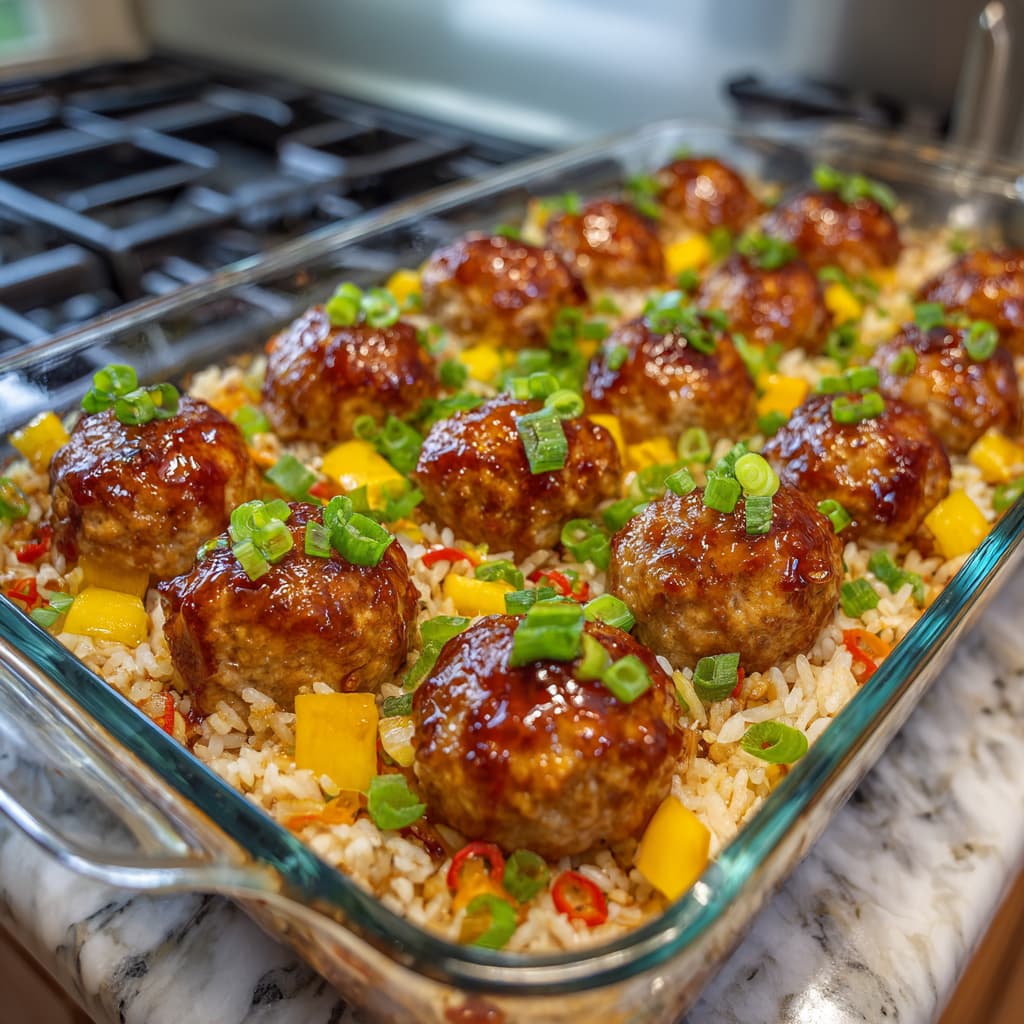 Honey Garlic Meatball Rice Bake