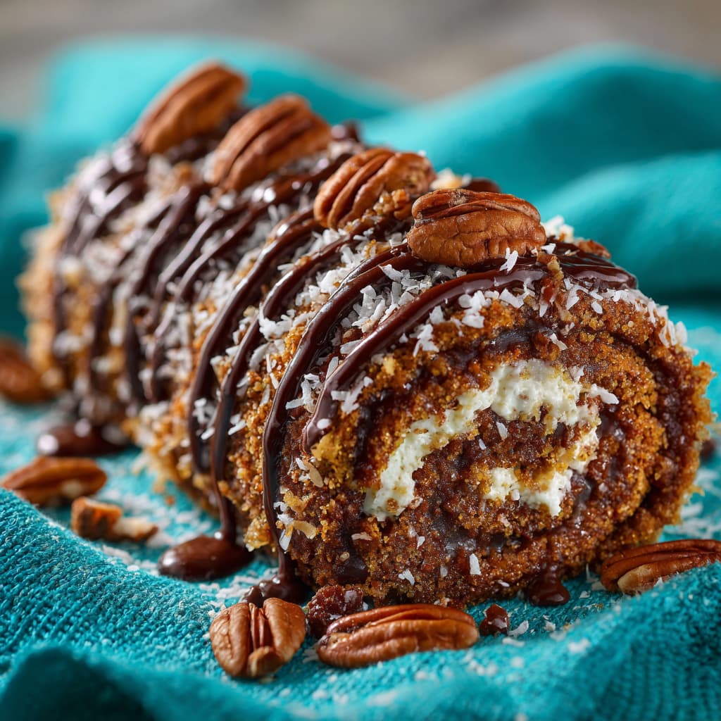 Decadent German Chocolate Coconut Pecan Roll Cake
