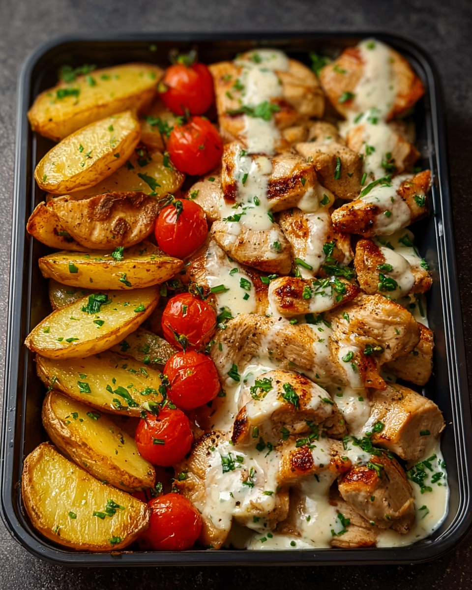 Creamy Garlic Chicken Traybake with Roasted Potatoes and Cherry Tomatoes