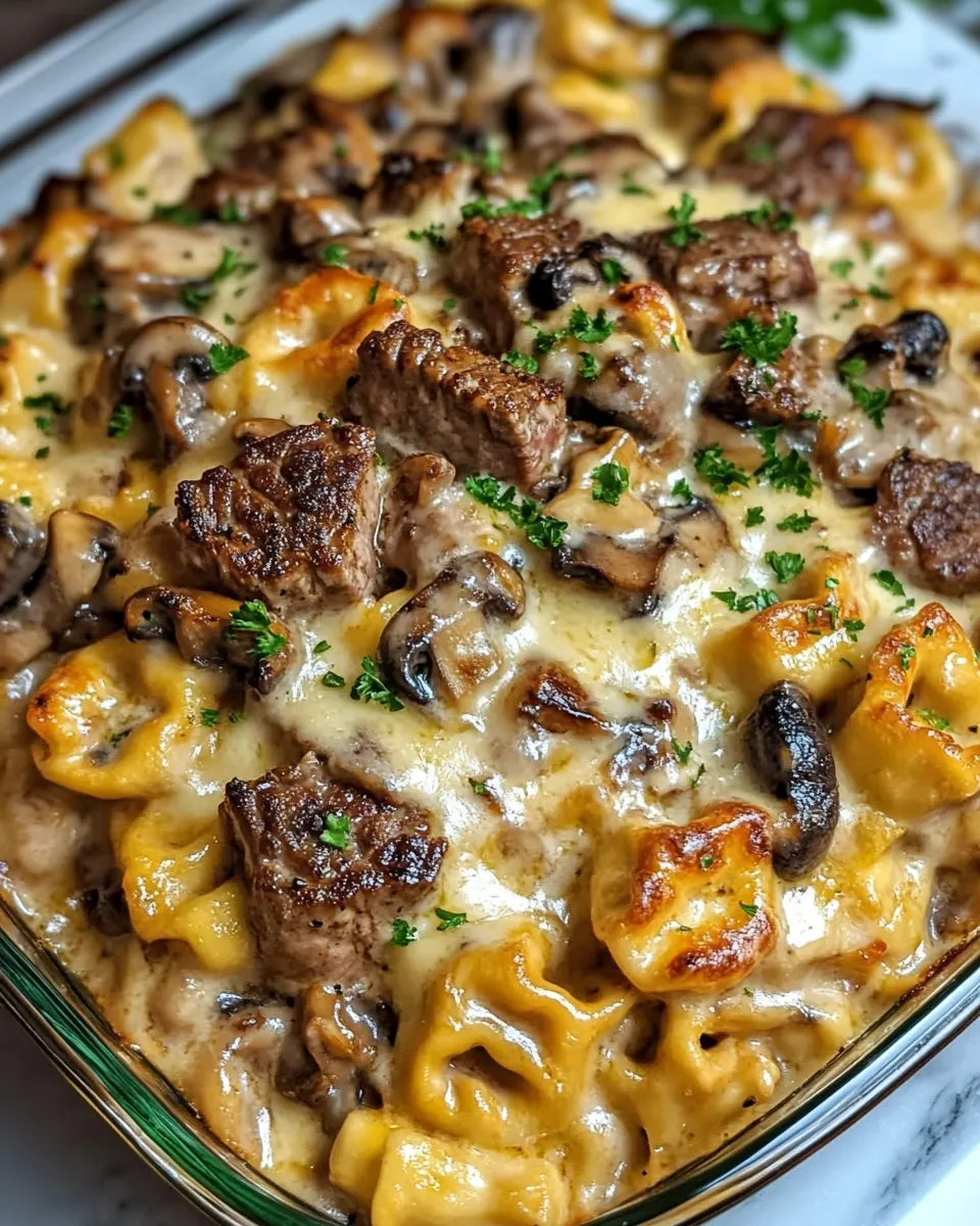 The Best Steak Bite Tortellini with Fontina & Roasted Mushroom Blend Casserole