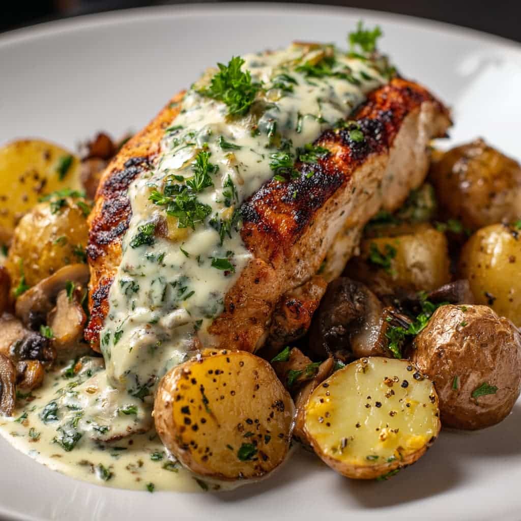 Coconut Garlic Greek Chicken with Roasted Potatoes & Creamy Mushroom Basil Pesto: A Mediterranean Feast with a Tropical Twist