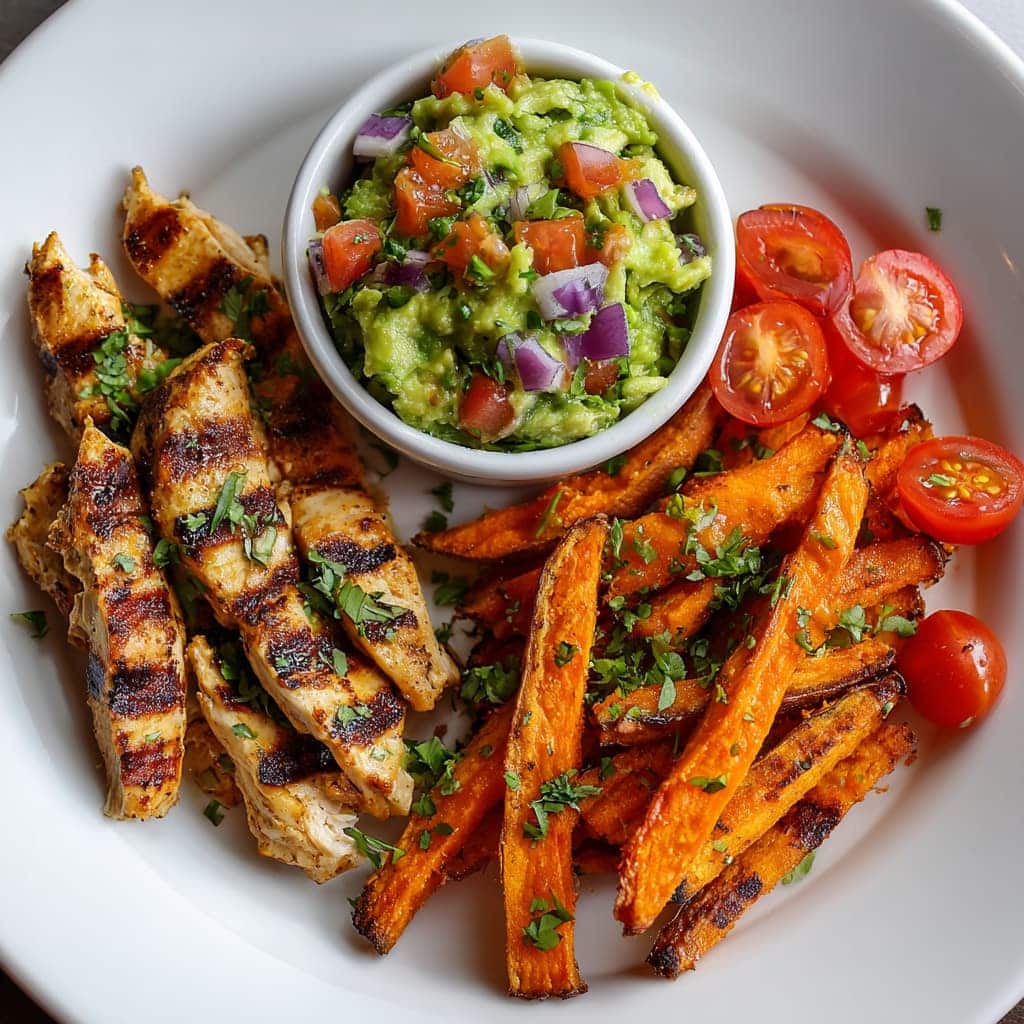 Zesty Grilled Chicken with Sweet Potato Fries & Chunky Guacamole: A Flavor-Packed Trio for Any Season