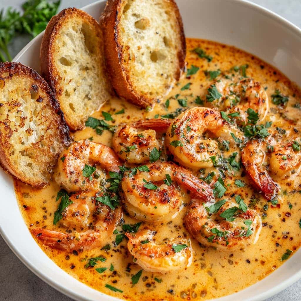 Hearty Creamy Shrimp Soup with Toasted Bread: Comfort in a Bowl