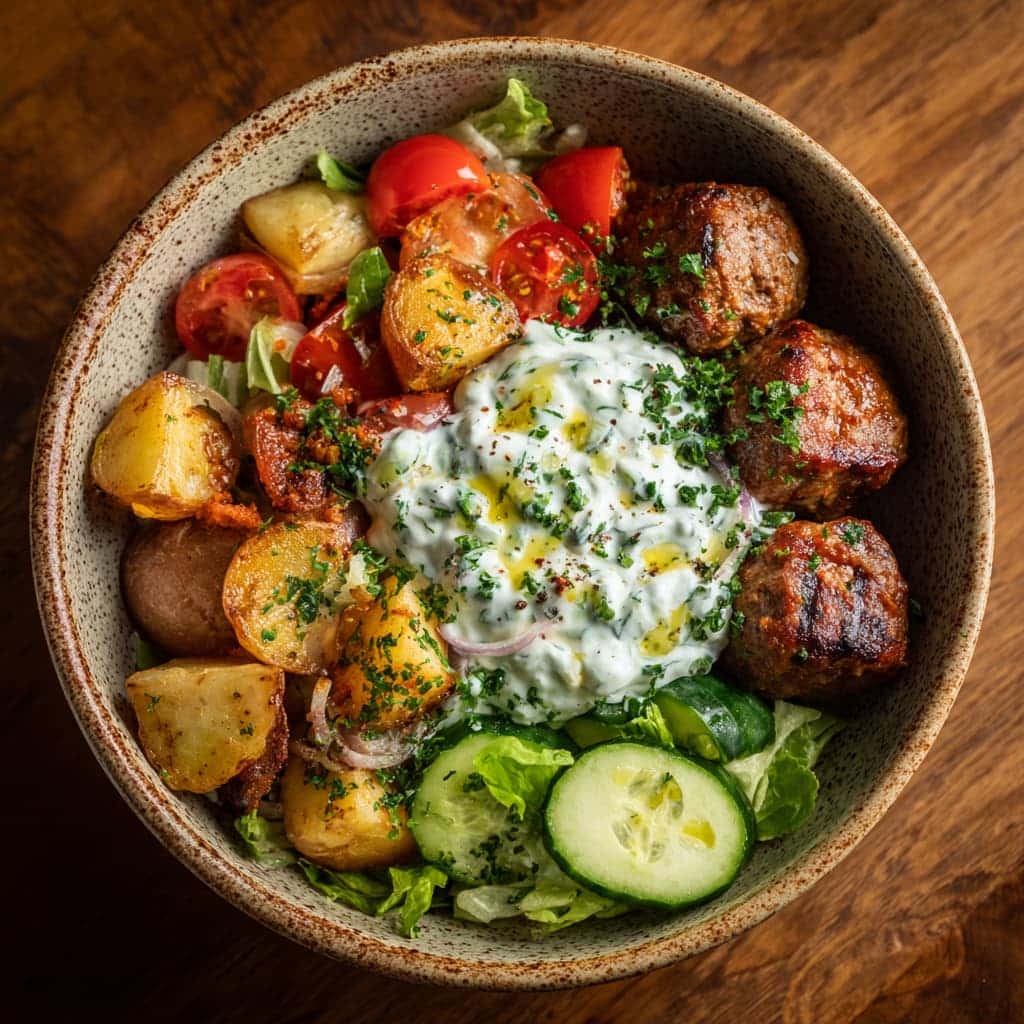 Ultimate Mediterranean Meatball Power Bowl with Roasted Potatoes & Tzatziki