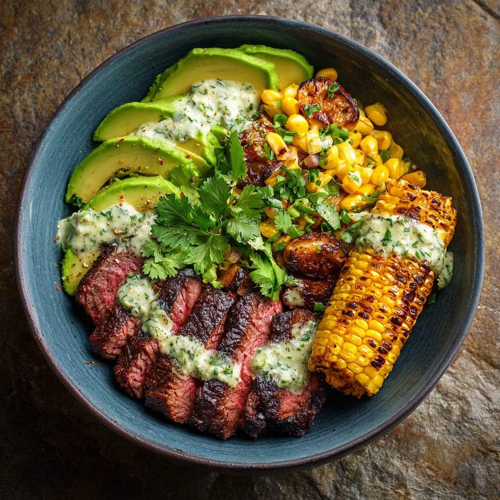 Steak, Avocado, and Roasted Corn Bowl with Cilantro Cream Sauce: A Fresh, Flavor-Packed Meal in One Bowl