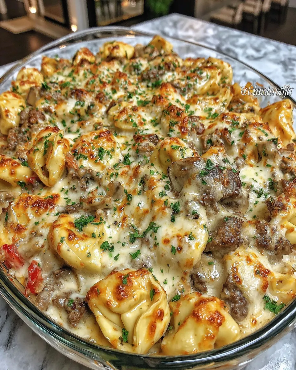 The Best Golden Cheese Steak Tortellini Casserole