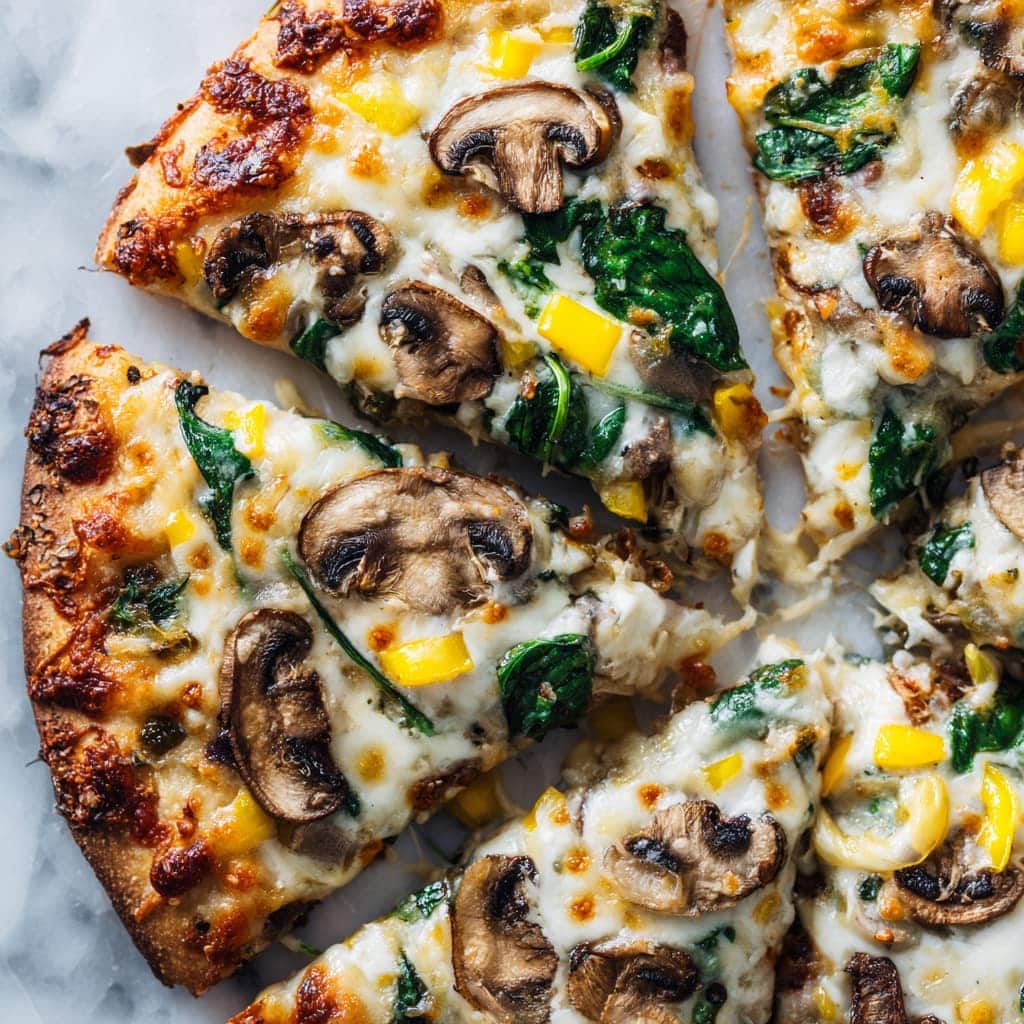 Creamy Pizza with White Sauce, Mushrooms, Spinach, and Olives