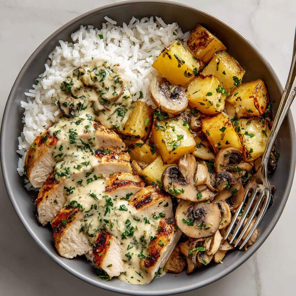 Ultimate Teriyaki Chicken with Rice, Crispy Potatoes, Mushrooms & Tomatoes