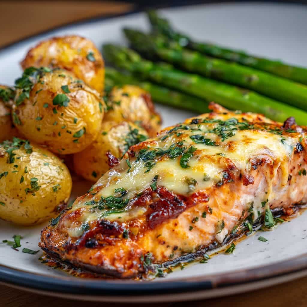 Spiced Salmon with Cheesy Asparagus & Garlic Herb Potatoes