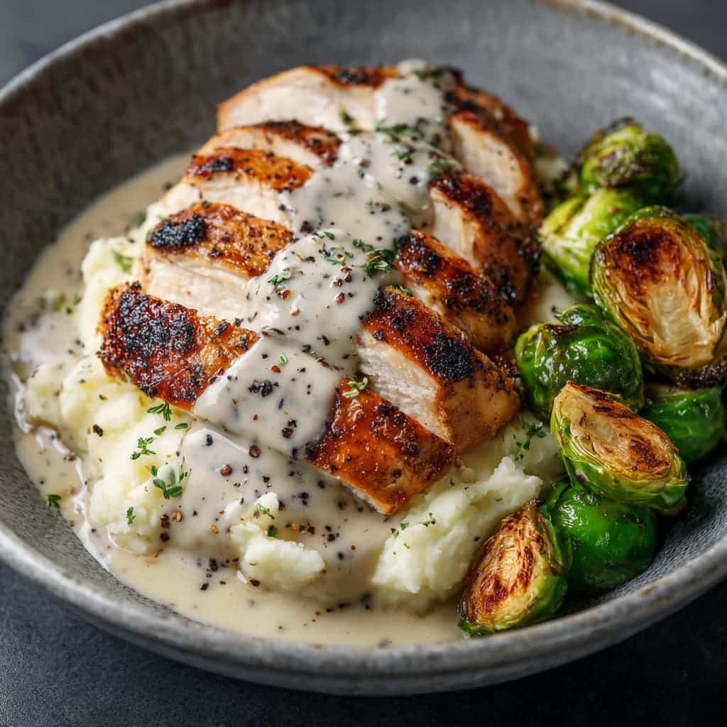 Best Grilled Chicken & Brussels with Pepper Parmesan Cream Sauce