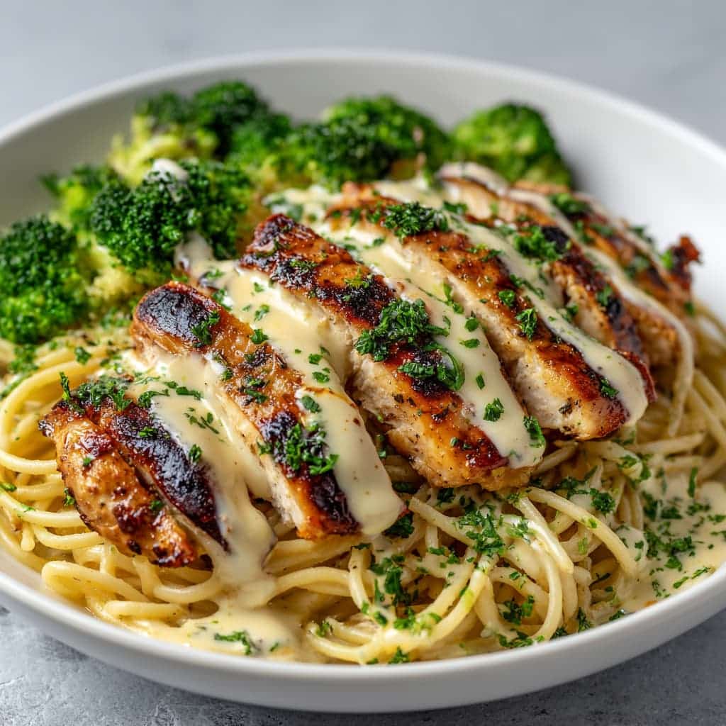Hot Honey Garlic Chicken with Roasted Broccoli & Cheesy Fig Balsamic Alfredo Spaghetti