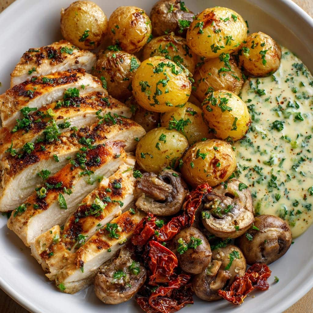 Garlic Herb Chicken with Mushrooms & Crispy Potato Wedges