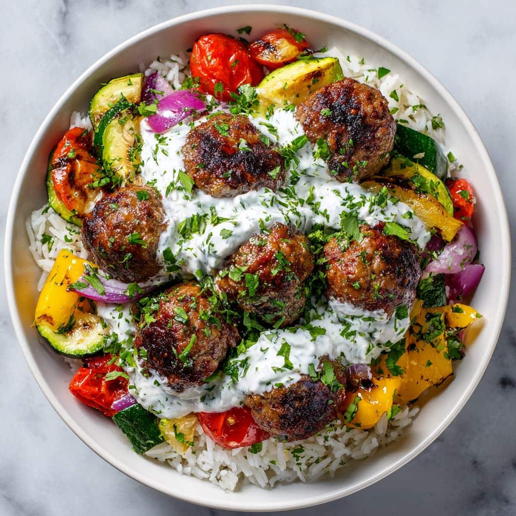 Loaded Greek Meatball Bowl with Creamy Tzatziki & Rice