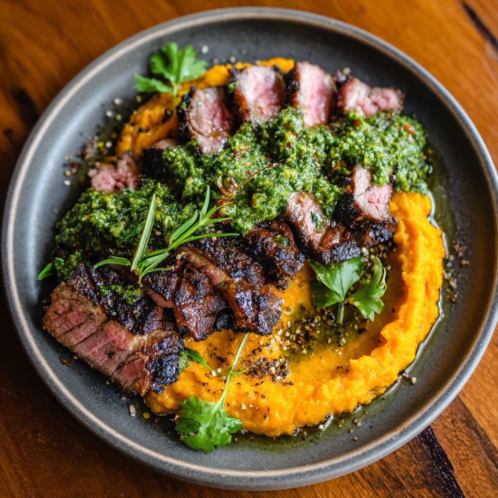 Steak with Green Sauce and Mashed Sweet Potatoes
