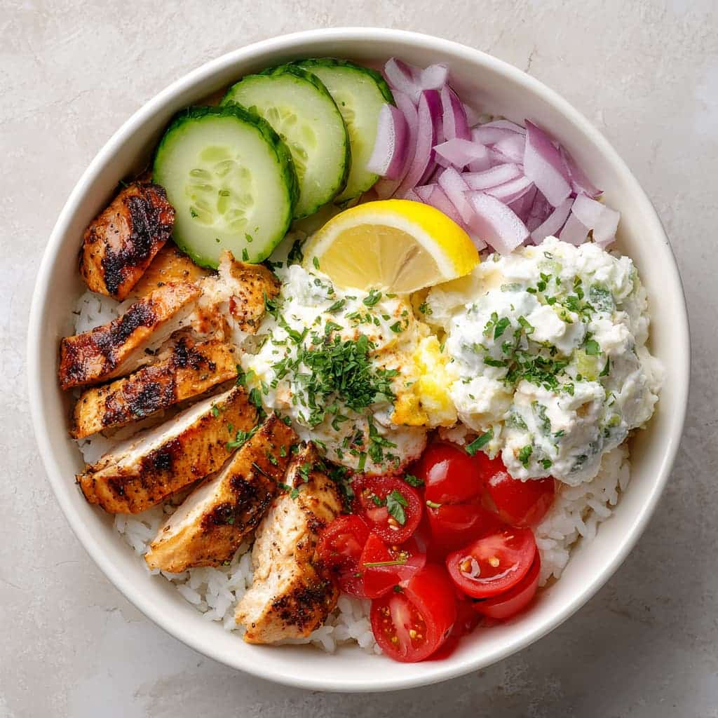 Ultimate Mediterranean Chicken Rice Bowl with Tzatziki & Feta
