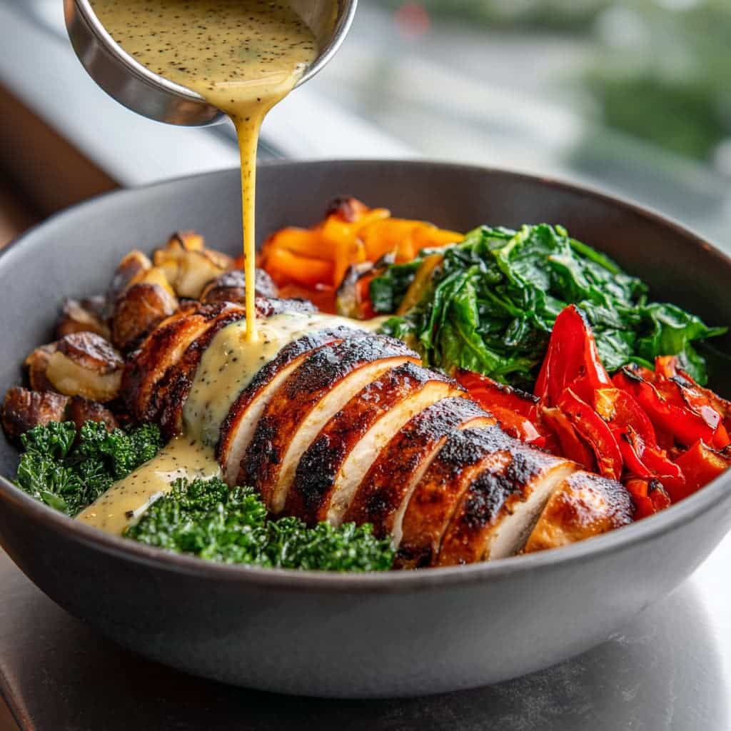 Greek Garlic Chicken Alfredo with Roasted Red Pepper Feta Cream & Crispy Brussels-Parmesan