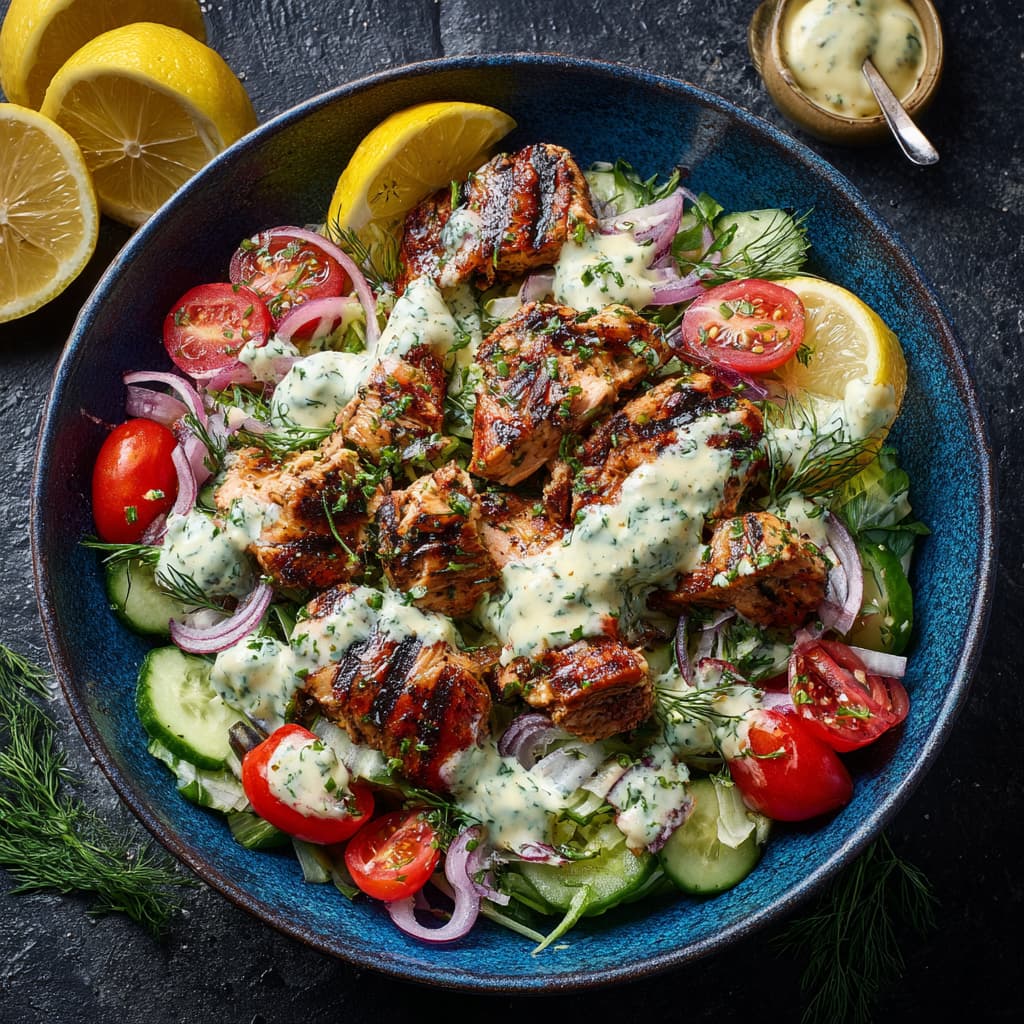 Grilled Chicken Greek Salad with Creamy Tzatziki: A Fresh and Flavorful Mediterranean Classic