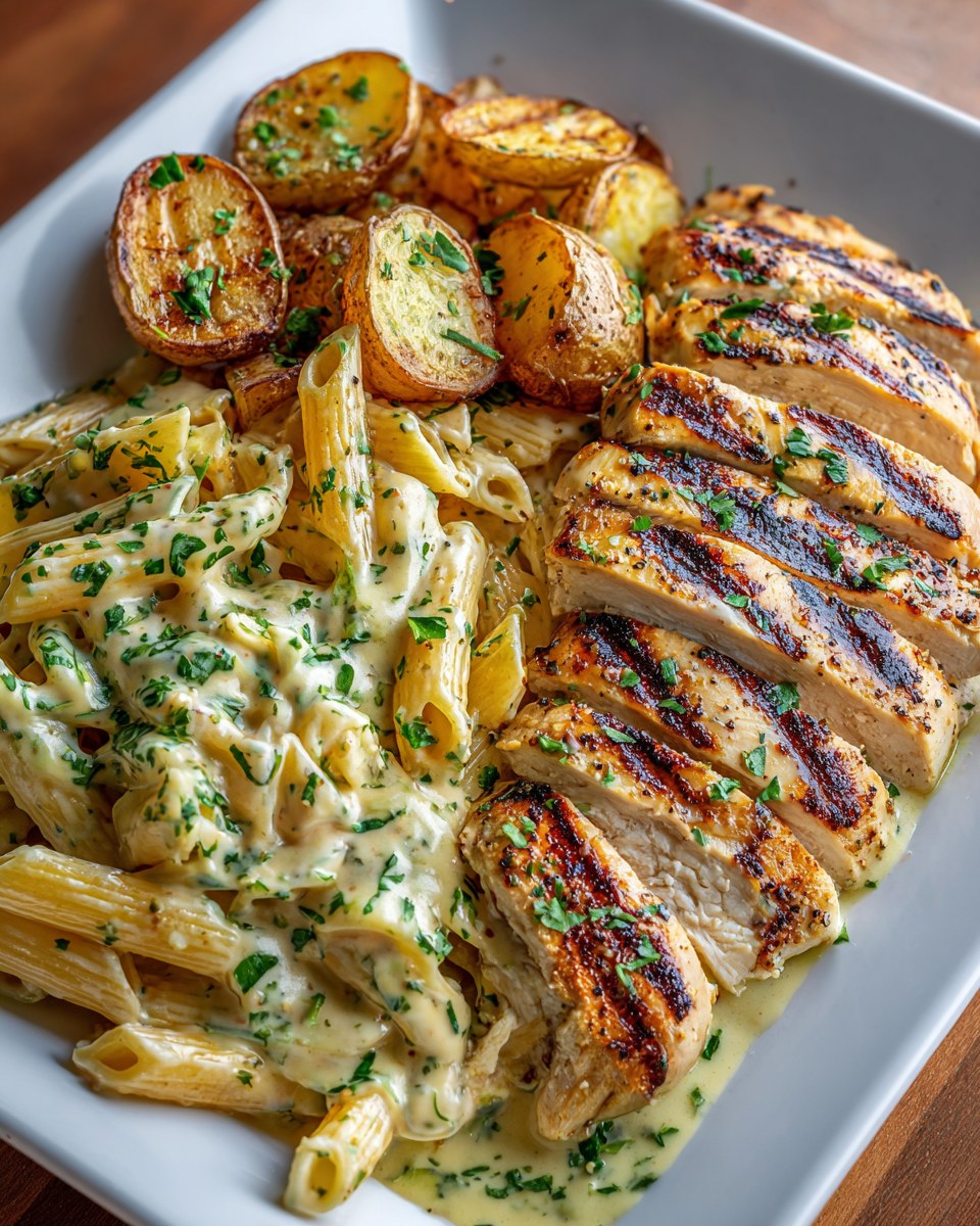 Grilled Chicken with Creamy Garlic Penne and Roasted Potatoes (Hearty, Flavor-Packed & Family-Friendly)