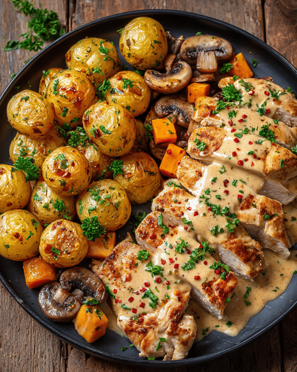 Creamy Garlic Herb Chicken with Roasted Baby Potatoes & Vegetables – A Cozy, One-Pan Dinner Dream