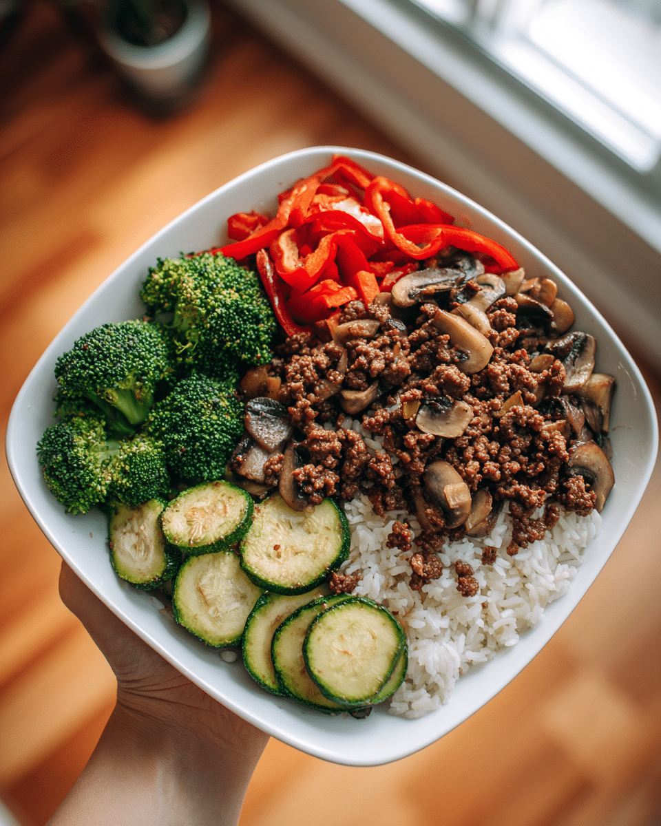 Beef & Veggie Power Bowl with Garlic Mushrooms & Rice – High-Protein, Flavor-Packed Fuel